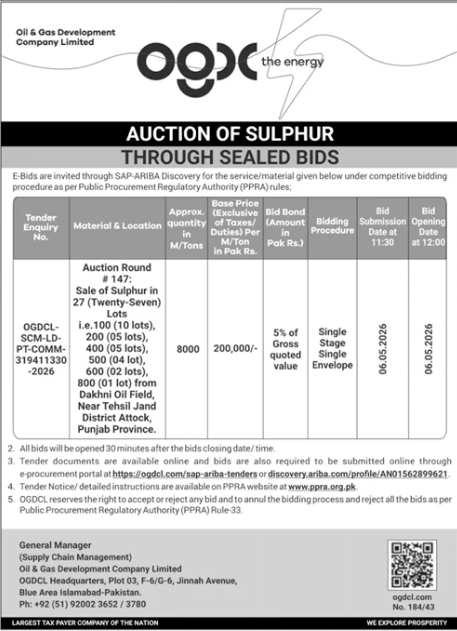 Auction Round # 147: Sale of Sulphur in (Twenty-Seven) Lots